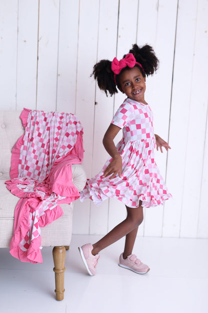 DREAMY PINK CHECKERS DREAM RUFFLE DRESS