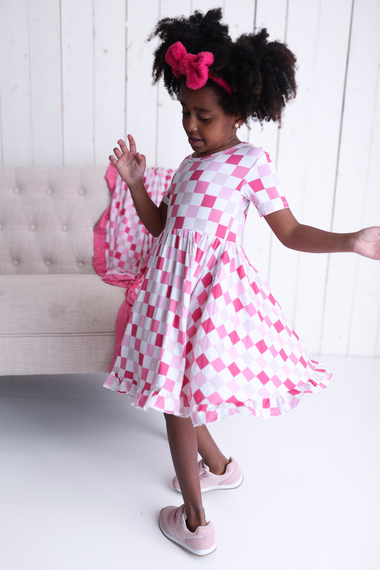 DREAMY PINK CHECKERS DREAM RUFFLE DRESS