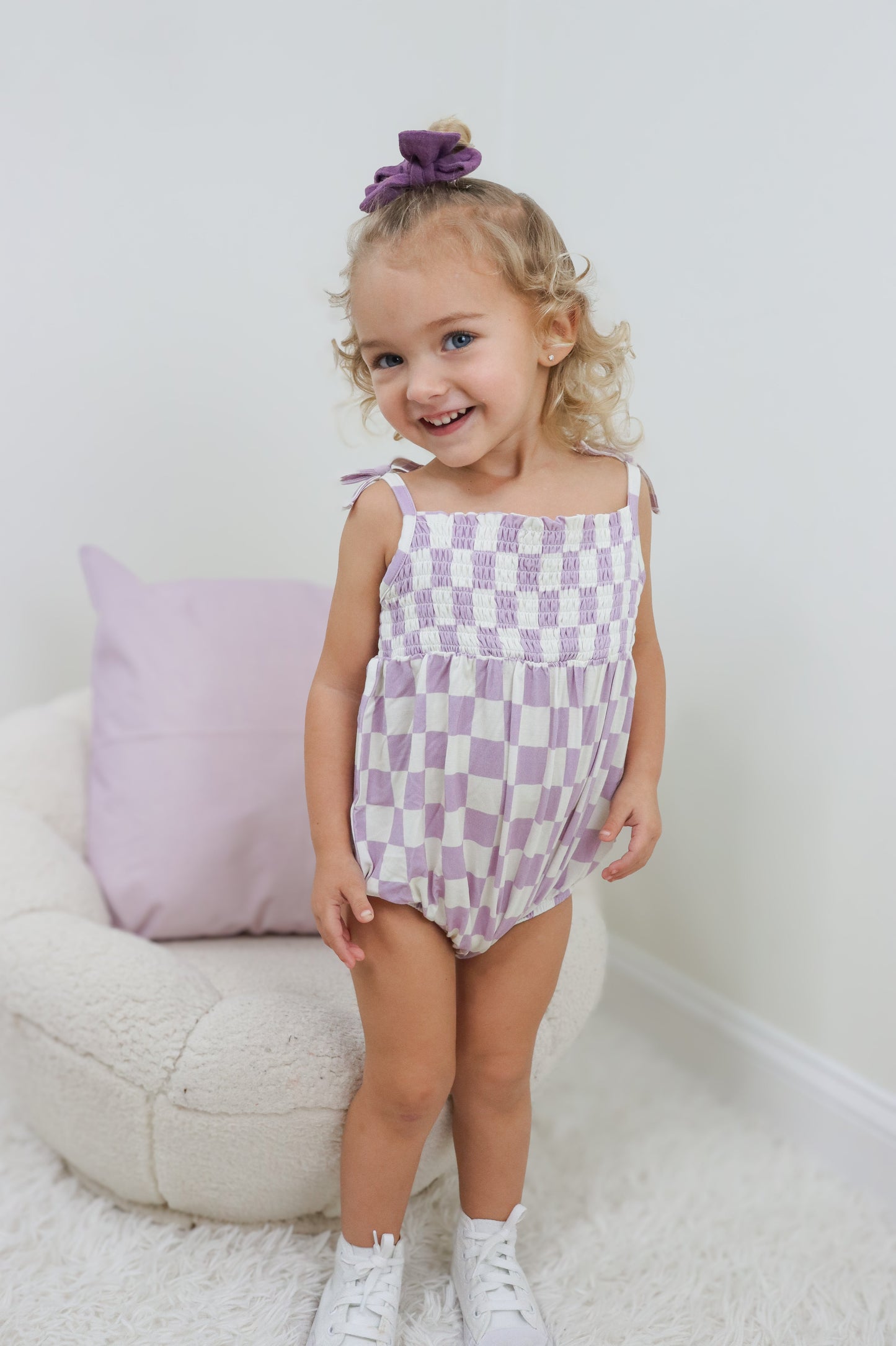 PERIWINKLE CHECKERS DREAM BUBBLE ROMPER