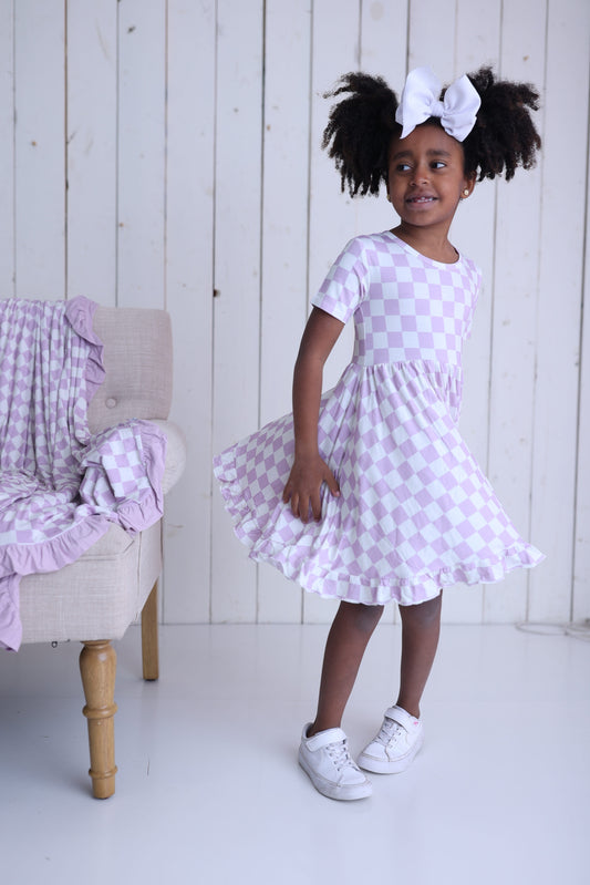 PERIWINKLE CHECKERS DREAM RUFFLE DRESS