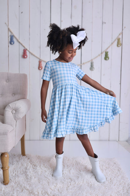 SKY BLUE GINGHAM DREAM RUFFLE DRESS