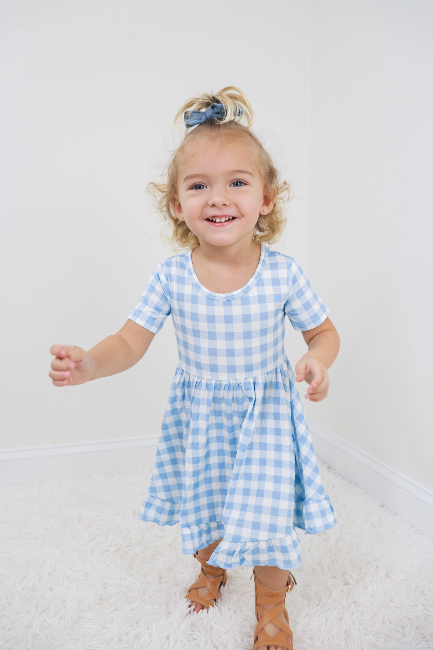 SKY BLUE GINGHAM DREAM RUFFLE DRESS