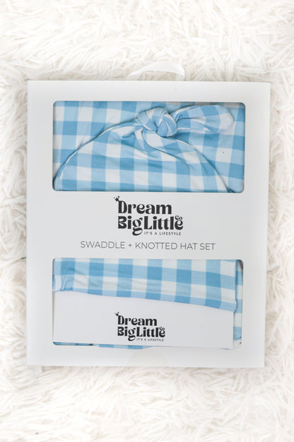 SKY BLUE GINGHAM DREAM SWADDLE & BEANIE