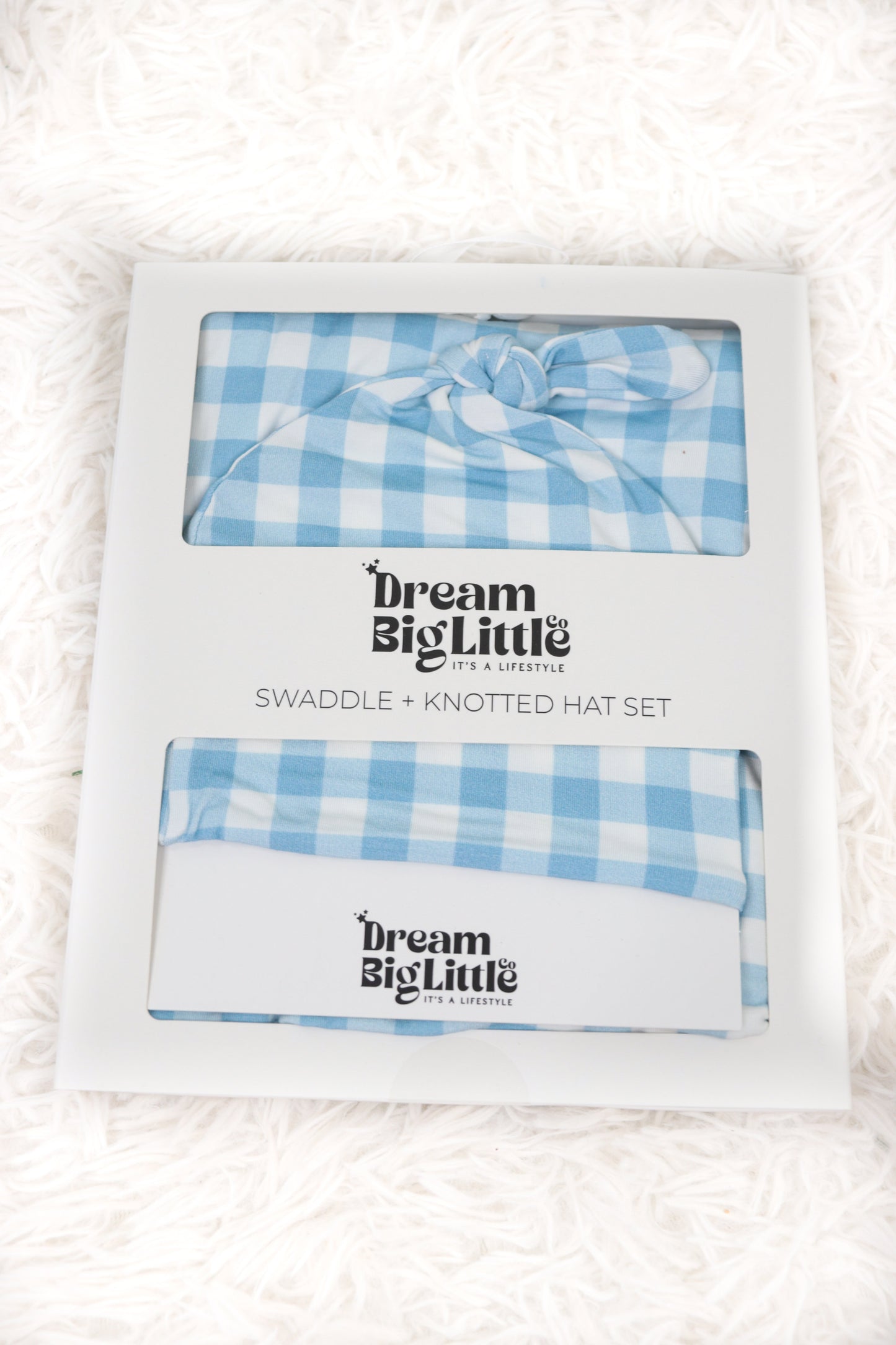 SKY BLUE GINGHAM DREAM SWADDLE & BEANIE