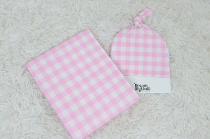 TAFFY PINK GINGHAM DREAM SWADDLE & BEANIE