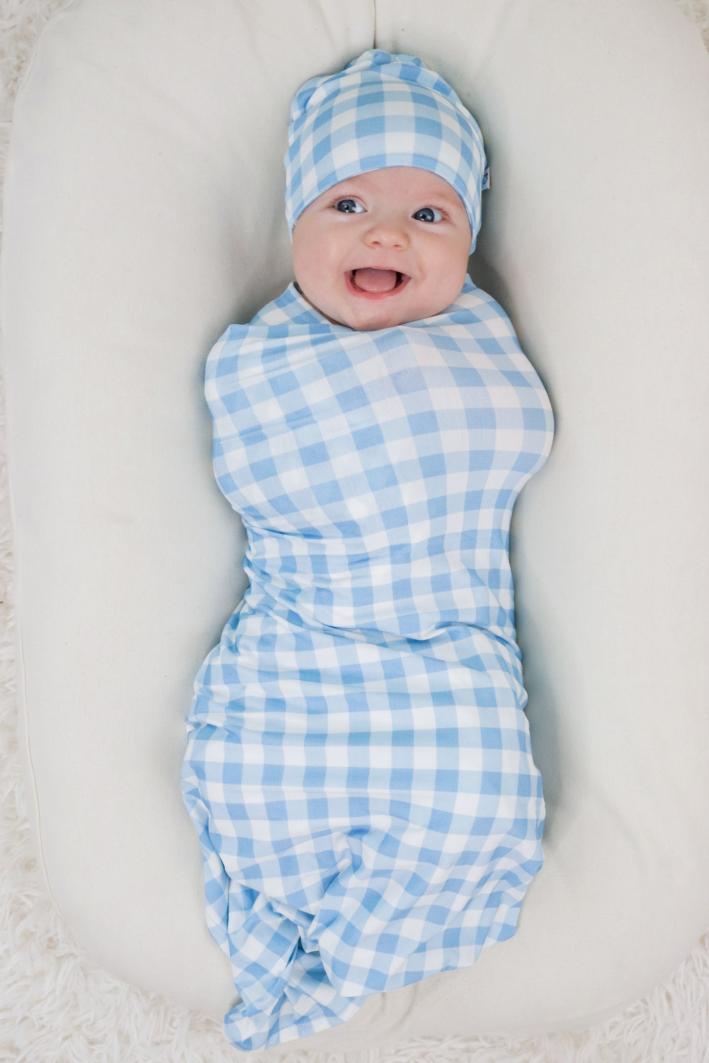 SKY BLUE GINGHAM DREAM SWADDLE & BEANIE