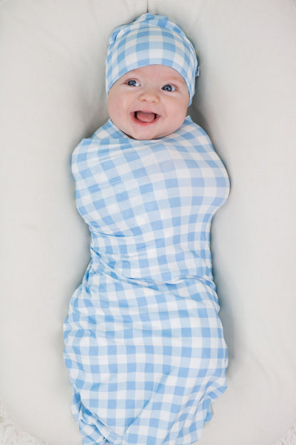 SKY BLUE GINGHAM DREAM SWADDLE & BEANIE