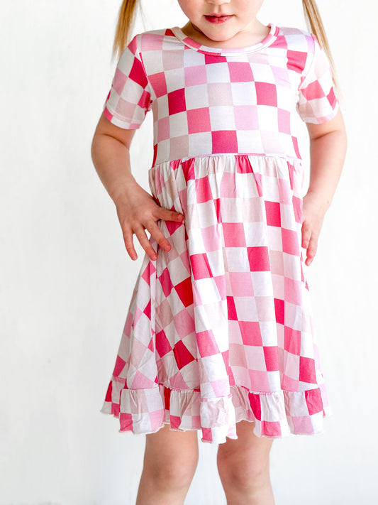 DREAMY PINK CHECKERS DREAM RUFFLE DRESS