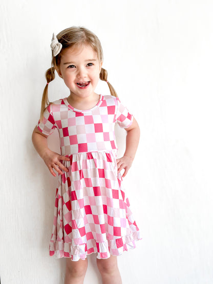 DREAMY PINK CHECKERS DREAM RUFFLE DRESS