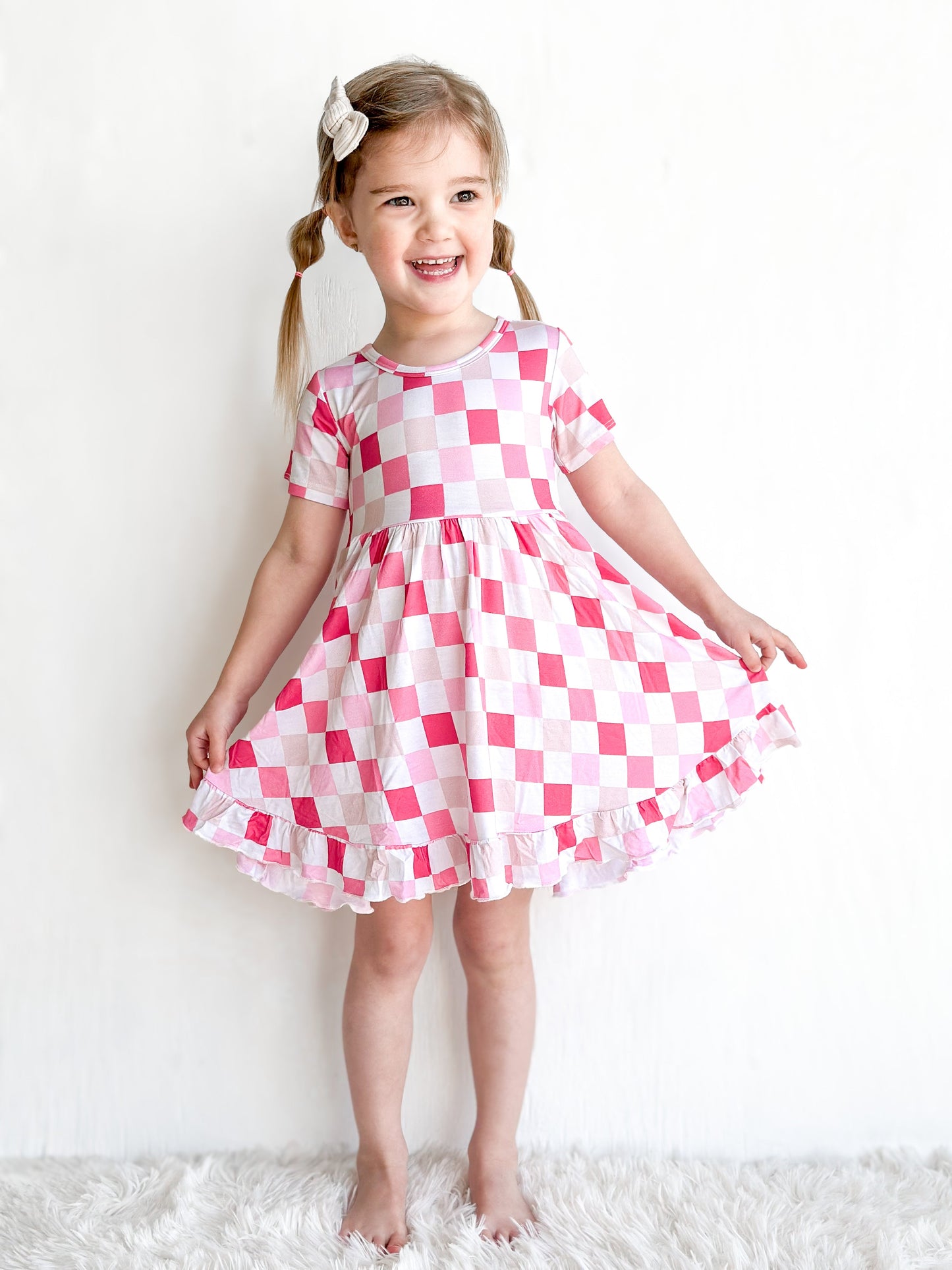 DREAMY PINK CHECKERS DREAM RUFFLE DRESS