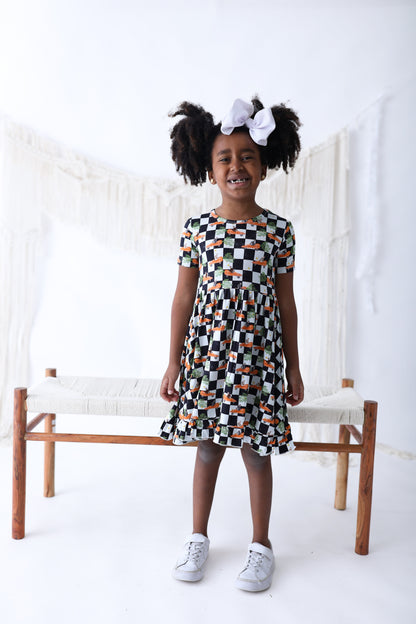 RACING CARROT CHECKERS DREAM RUFFLE DRESS