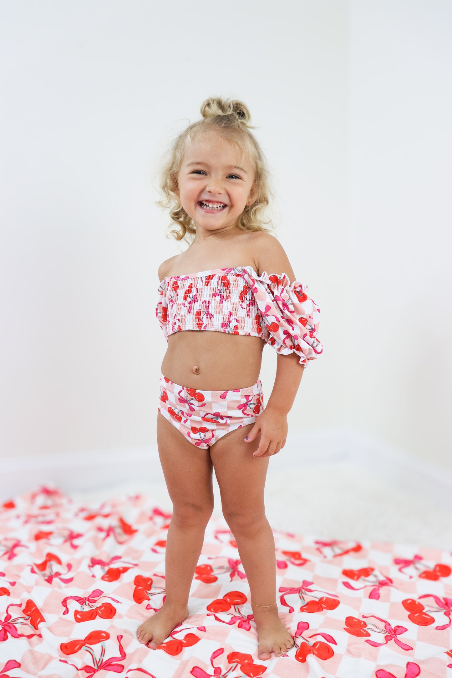 CHERRY SWEET CHECKERS DREAM SMOCKED OFF THE SHOULDER SWIM SUIT