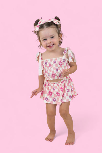 WAVY DAISY CHECKERS DREAM SMOCKED SKORT SET