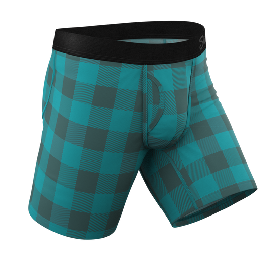 The Plaid And Simple | Green Buffalo Check Long Leg Ball Hammock® Pouch Boxers With Fly