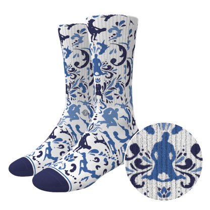 The Risqué Rorschach | Naughty Blue Willow Heel Hammock™ Crew Socks