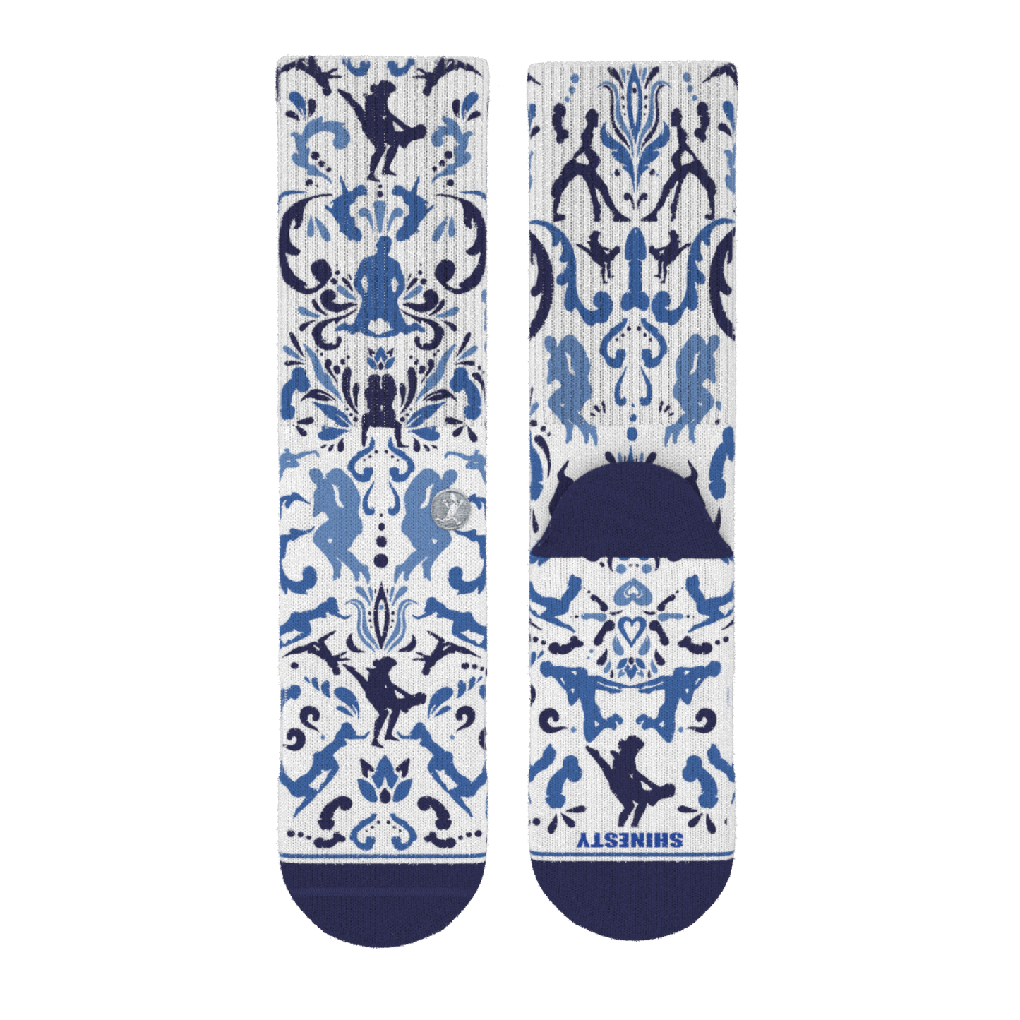 The Risqué Rorschach | Naughty Blue Willow Heel Hammock™ Crew Socks