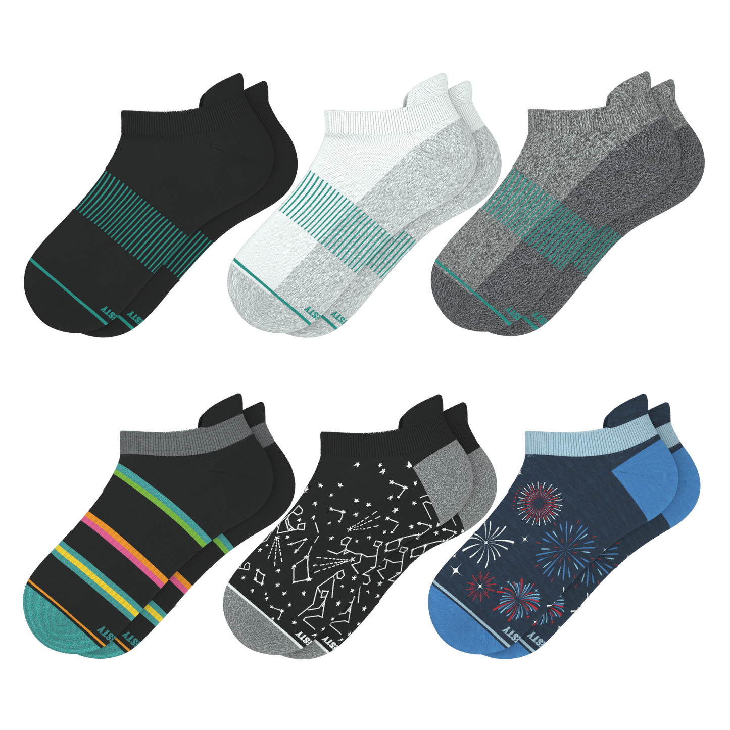 Solid and Pattern Mix Pack | Variety Heel Hammock™ Ankle Socks 6 Pack