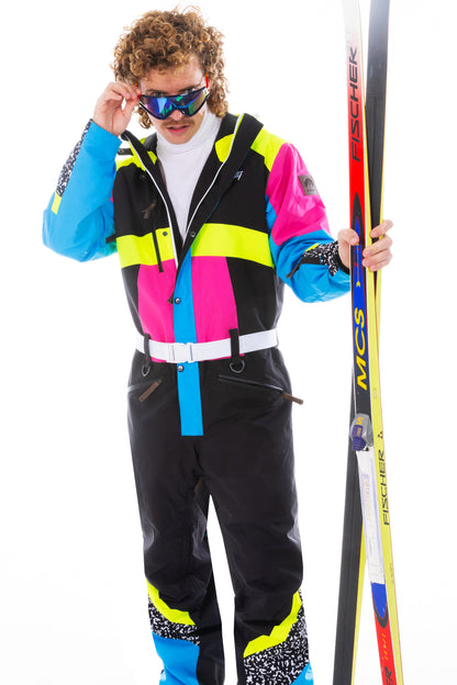 The Black Diamond | Men's Black and Pink Retro One Piece Ski Suit