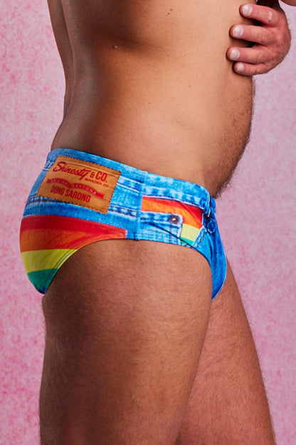 The Boca Raton Rainbow | Rainbow Denim Print Swim Brief