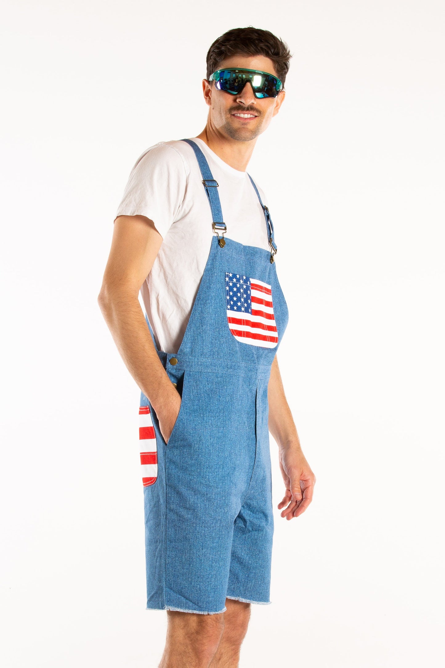 The Chattahoochees | Denim American Flag Short Overalls