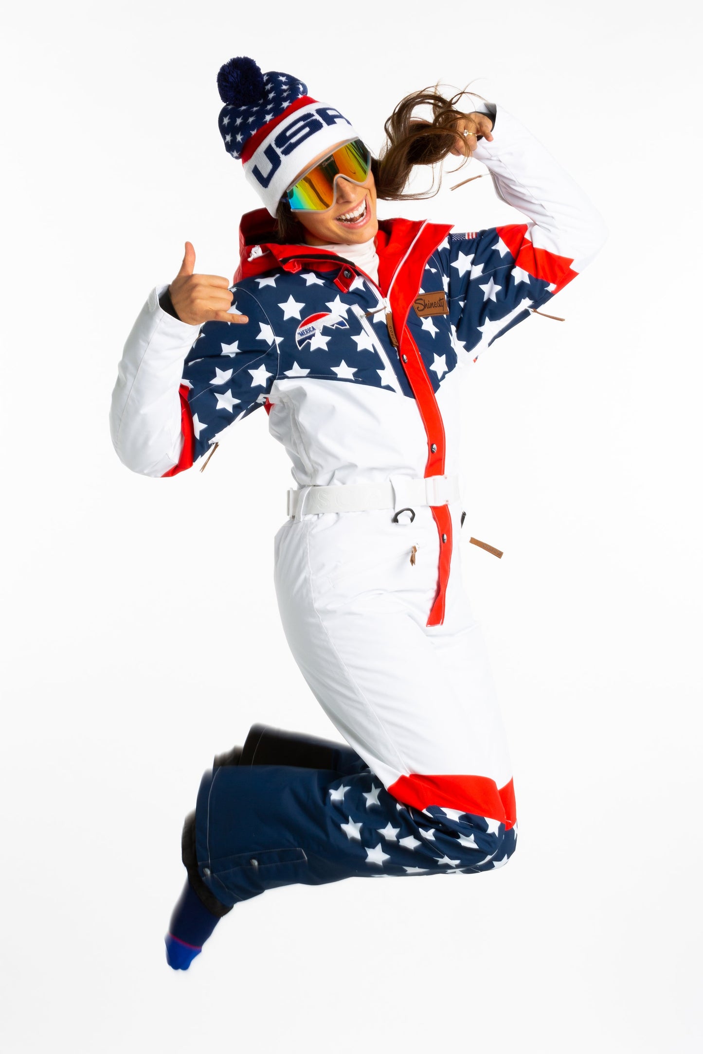 The First Chair | Retro American Flag Women's One Piece Ski Suit