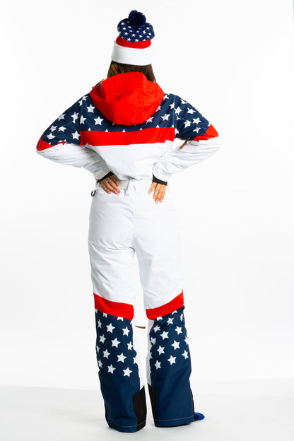 The First Chair | Retro American Flag Women's One Piece Ski Suit