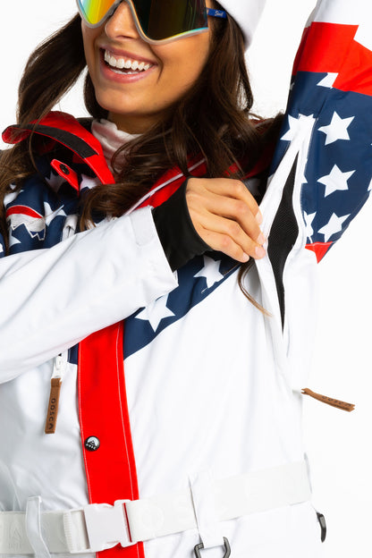 The First Chair | Retro American Flag Women's One Piece Ski Suit