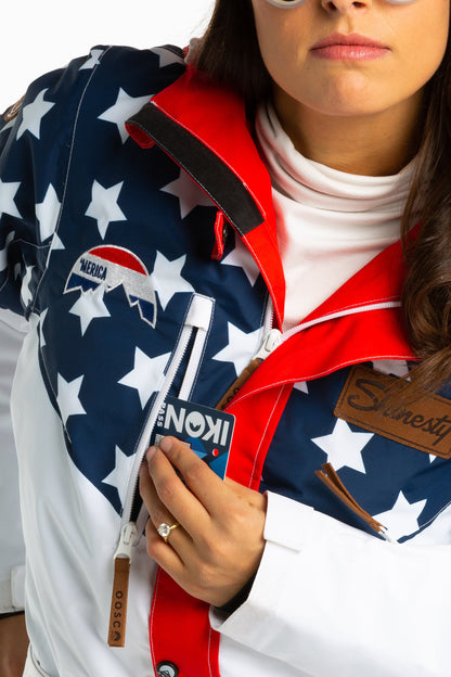 The First Chair | Retro American Flag Women's One Piece Ski Suit