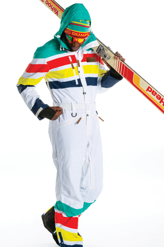 The Mogul Maniac | Mens White Retro Striped Ski Suit