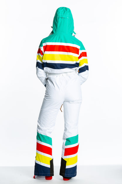 The Mogul Maniac | White Retro Striped Women's One Piece Ski Suit