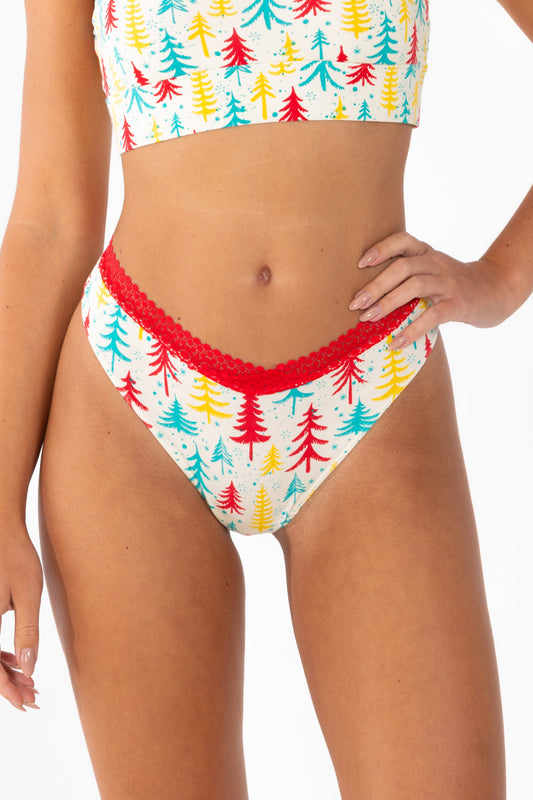 The Pine Tree Playgirl | Retro Christmas Trees Lace Trim Thong Underwear