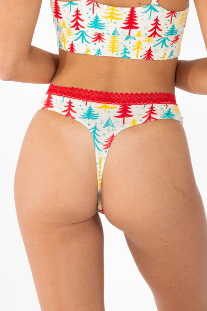 The Pine Tree Playgirl | Retro Christmas Trees Lace Trim Thong Underwear