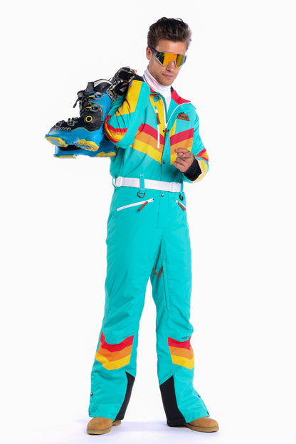 The Side Country Sender | Men's Turquoise Striped Retro Ski Suit