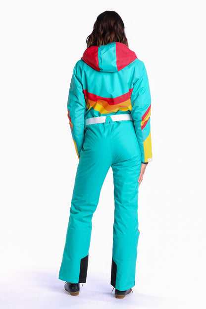 The Side Country Sender | Turquoise Striped Retro Women's One Piece Ski Suit