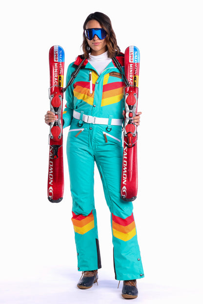 The Side Country Sender | Turquoise Striped Retro Women's One Piece Ski Suit