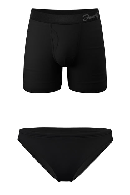 The Threat Level Midnight | Black Bikini and Ball Hammock® Boxer With Fly Matching Couples Underwear Pack