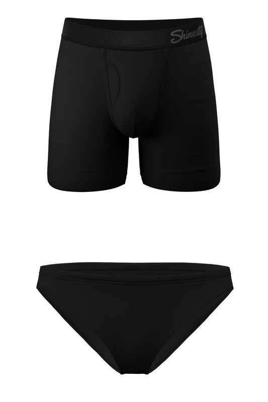 The Threat Level Midnight | Black Bikini and Ball Hammock® Boxer With Fly Matching Couples Underwear Pack