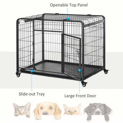 Folding Design Heavy Duty Metal Dog Cage Crate & Kennel with Removable Tray and Cover, & 4 Locking Wheels, Indoor/Outdoor 43"