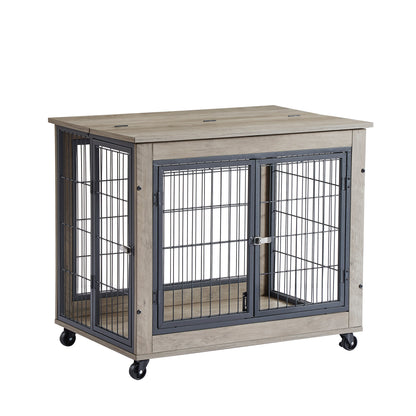 Furniture Dog Cage Crate with Double Doors on Casters. Grey, 31.50" W x 22.05" D x 24.8" H.