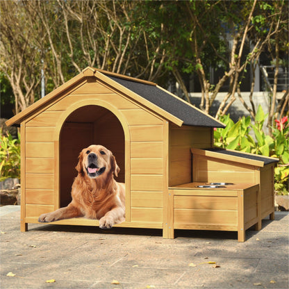 51.18" L x 43.7" W x 37" H Large Size Wooden Dog House, Dog Crate For large dog breeds, Cabin Style Raised Dog Shelter with Asphalt Roof, Solid Wood, Weatherproof, Nature