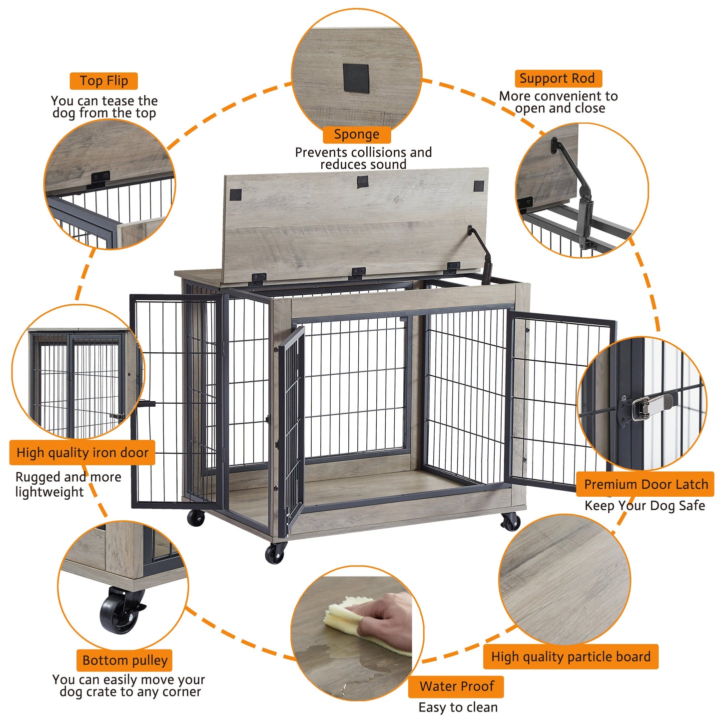 Furniture Dog Cage Crate with Double Doors on Casters. Grey, 31.50" W x 22.05" D x 24.8" H.