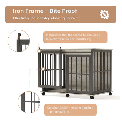 Furniture dog crate sliding iron door dog crate with mat. (Grey,43.7"W x 30"D x 33.7"H)