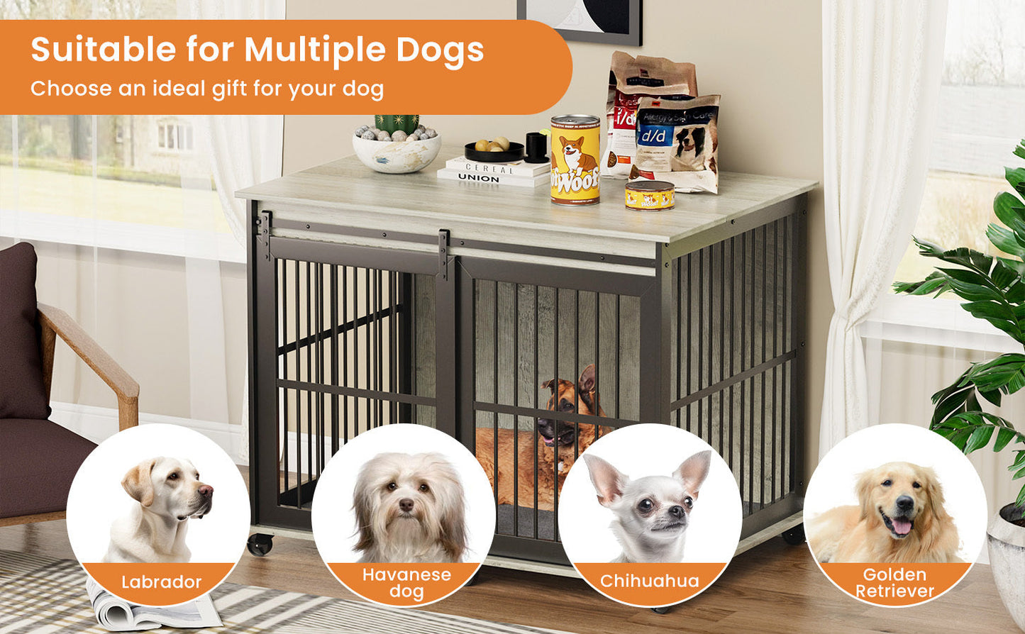 Furniture dog crate sliding iron door dog crate with mat. (Grey,43.7"W x 30"D x 33.7"H)