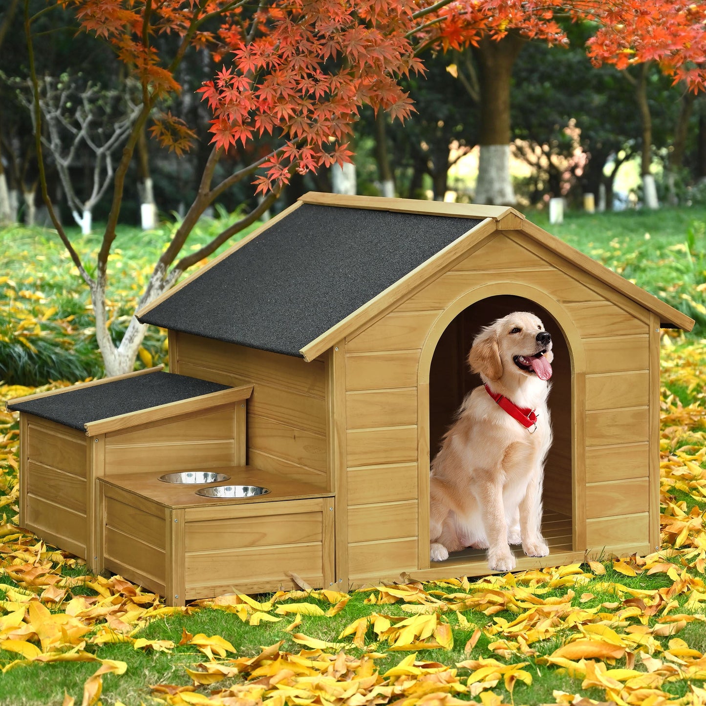 51.18" L x 43.7" W x 37" H Large Size Wooden Dog House, Dog Crate For large dog breeds, Cabin Style Raised Dog Shelter with Asphalt Roof, Solid Wood, Weatherproof, Nature