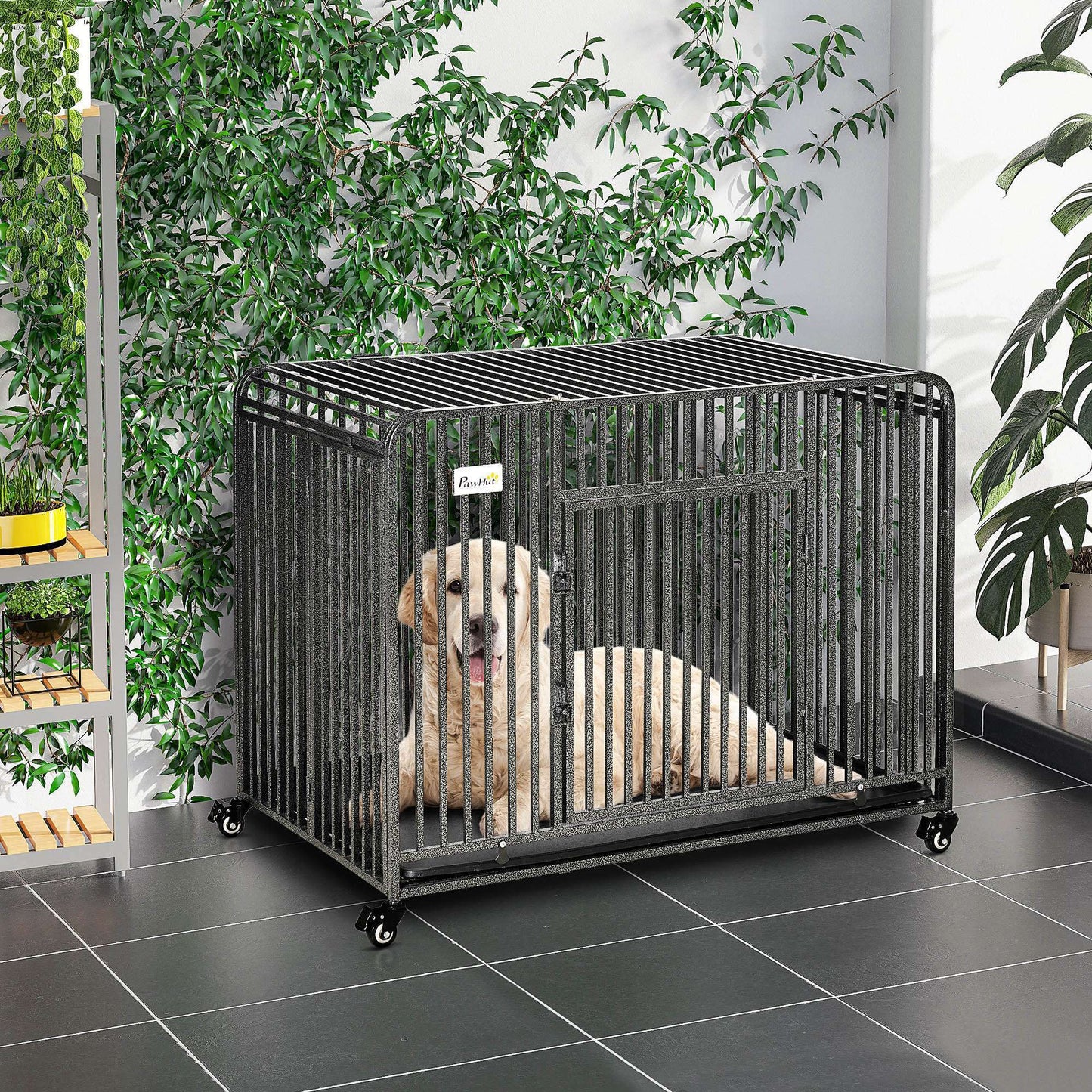 Foldable Heavy Duty Dog Cage, Chew Proof Dog Crate on Wheels, Portable Dog Crate Kennel with Removable Tray, Large and Medium Pups, 43"