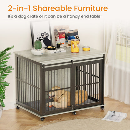 Furniture dog crate sliding iron door dog crate with mat. (Grey,43.7"W x 30"D x 33.7"H)