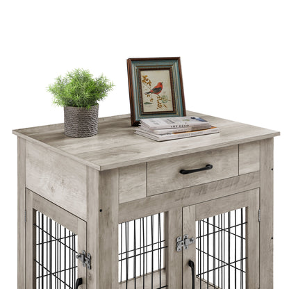 Furniture Style Dog Crate End Table with Drawer, Pet Kennels with Double Doors, Dog House Indoor Use, Grey, 29.9" W x 24.8" D x 30.71" H.