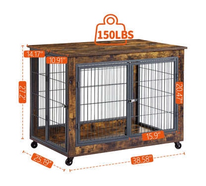 Furniture Dog Cage Crate with Double Doors, Rustic Brown, 38.58" W x 25.2" D x 27.17" H