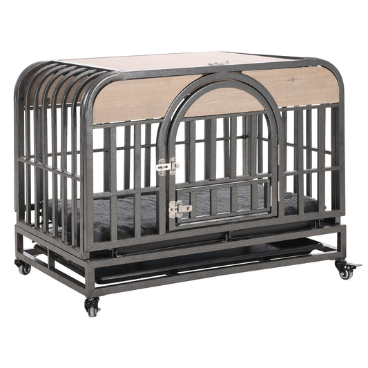 37in Heavy Duty Dog Crate, Furniture Style Dog Crate with Removable Trays and Wheels for High Anxiety Dogs