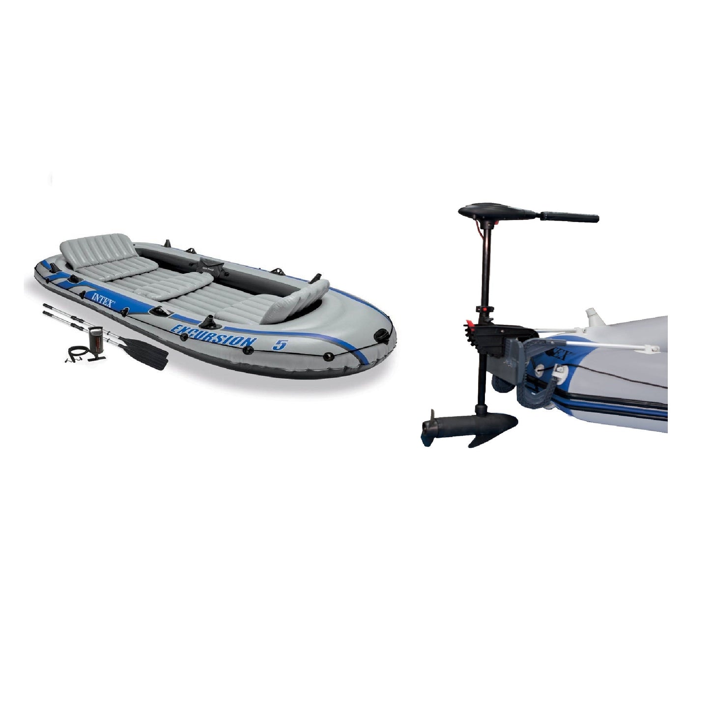 Intex Excursion 5 Inflatable Fishing Boat Set with Transom Mount Trolling Motor